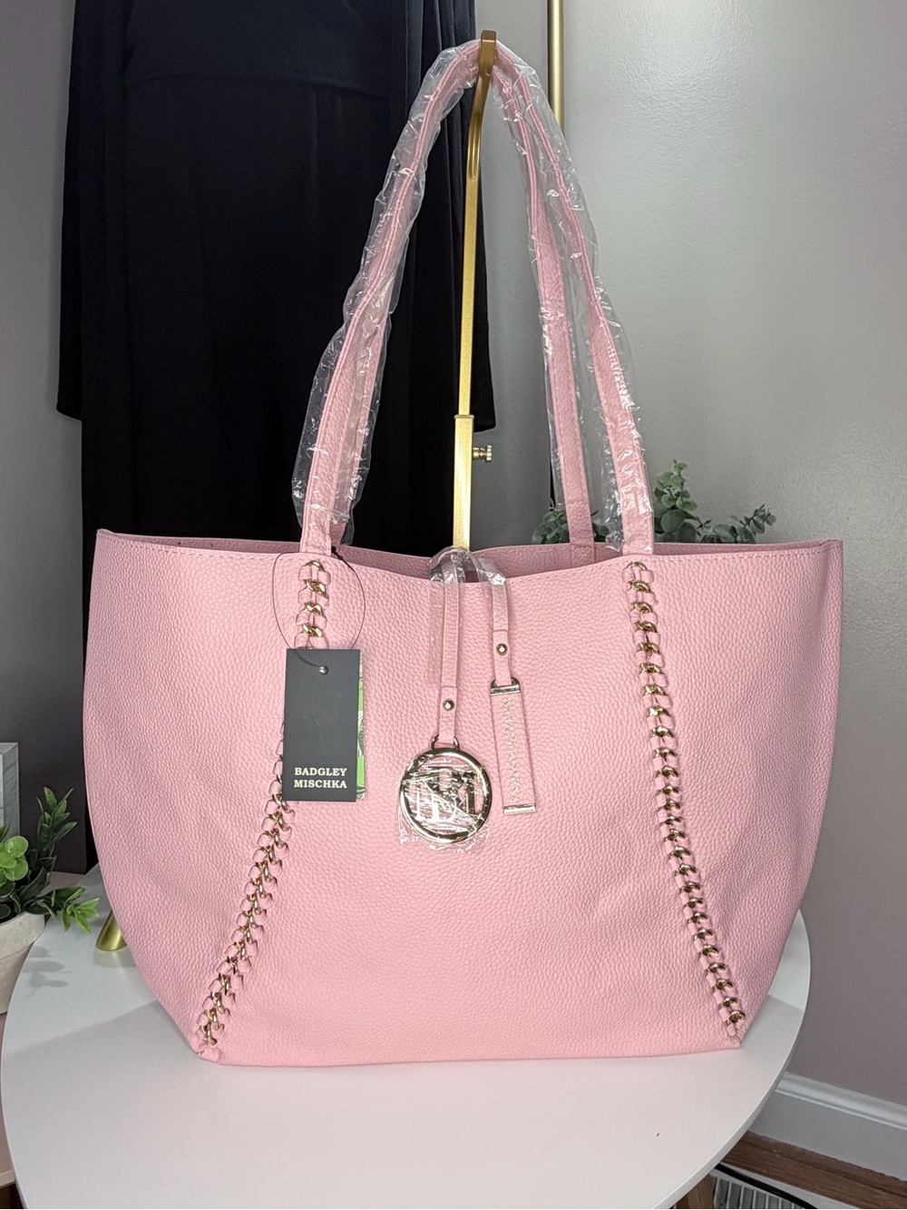 Badgley Mischka Blush Pink Tote with Gold Chain Trim